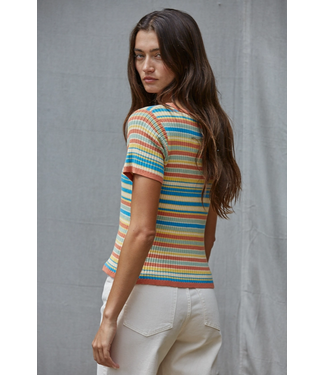 Knit Sweater Multi Color Striped Short Sleeve Ivory