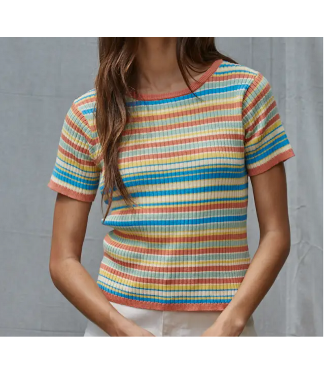 Knit Sweater Multi Color Striped Short Sleeve Ivory