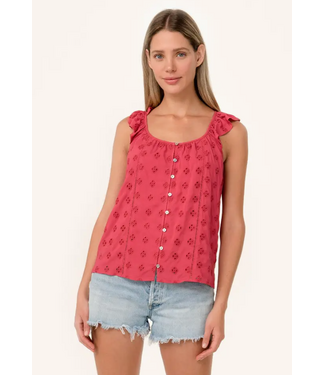 Eyelet Ruffle Strap Scoop Neck Tank Top Fuschia