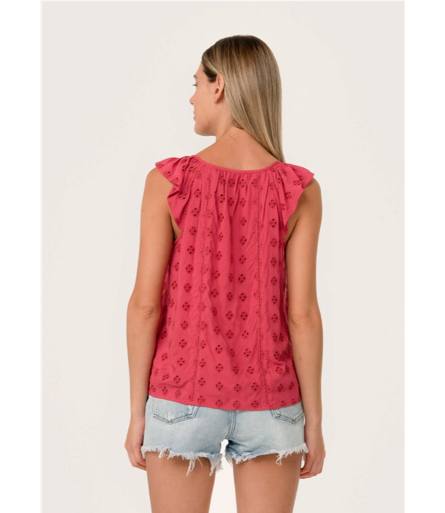 Eyelet Ruffle Strap Scoop Neck Tank Top Fuschia