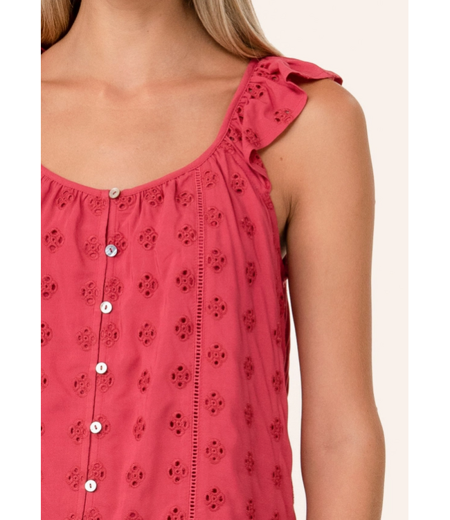 Eyelet Ruffle Strap Scoop Neck Tank Top Fuschia