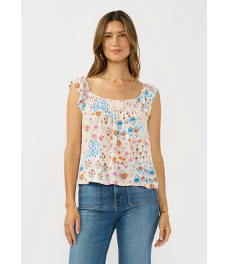 Flutter Sleeve Smocked Square Neck Top Orange