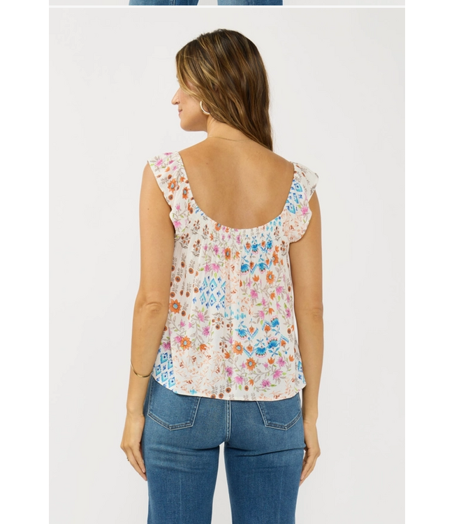 Flutter Sleeve Smocked Square Neck Top Orange