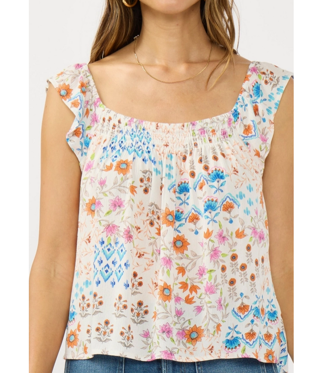 Flutter Sleeve Smocked Square Neck Top Orange