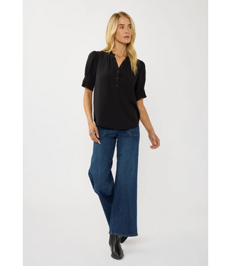 Short Puff Sleeve Crinkled Button Top Black