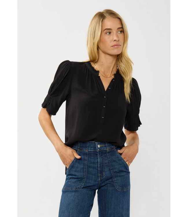 Short Puff Sleeve Crinkled Button Top Black