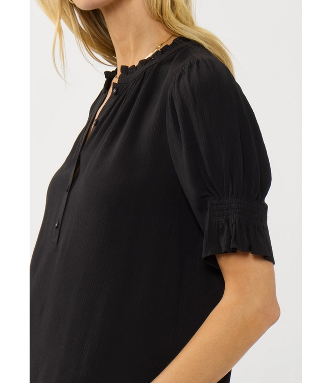 Short Puff Sleeve Crinkled Button Top Black