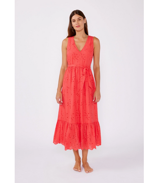 V-Neck Eyelet Midi Dress with Waist Belt Coral