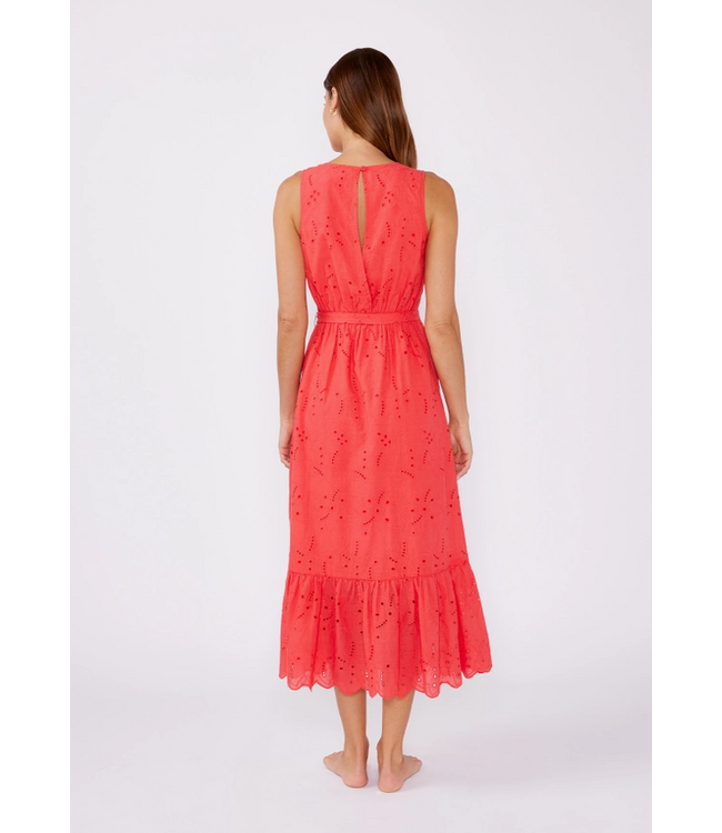 V-Neck Eyelet Midi Dress with Waist Belt Coral
