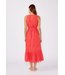 V-Neck Eyelet Midi Dress with Waist Belt Coral