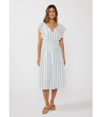 Ruffle Sleeve Split-Neck Smocked Waist Midi Dress Blue