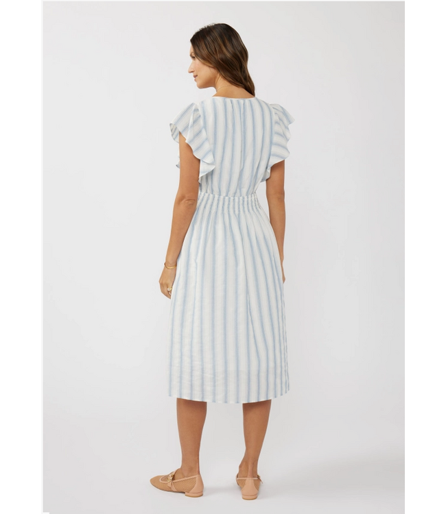 Ruffle Sleeve Split-Neck Smocked Waist Midi Dress Blue