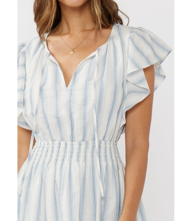 Ruffle Sleeve Split-Neck Smocked Waist Midi Dress Blue