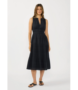 V-Split Neck Tiered Midi Dress with Pockets Black