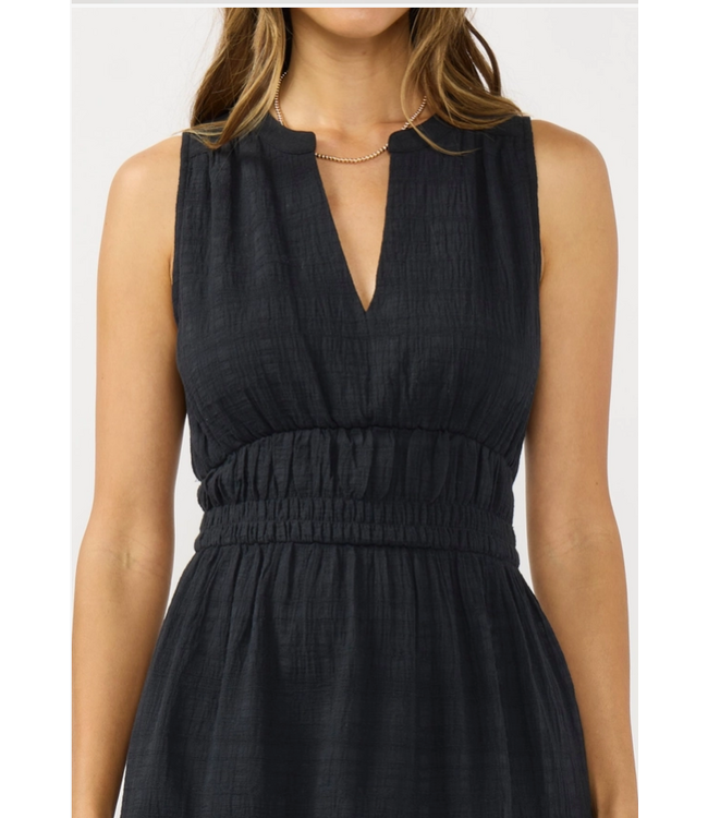 V-Split Neck Tiered Midi Dress with Pockets Black