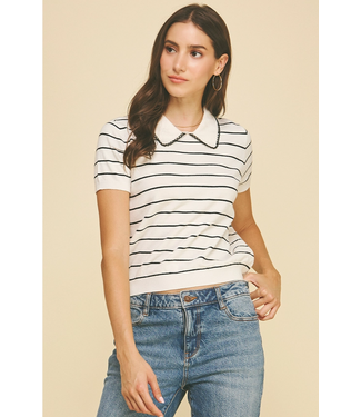 Striped Knit Polo Sweater White/Black