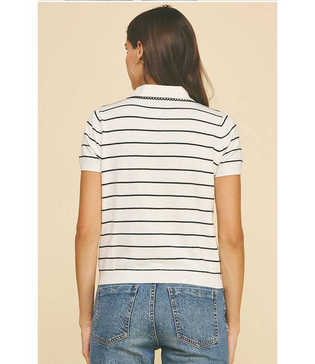 Striped Knit Polo Sweater White/Black