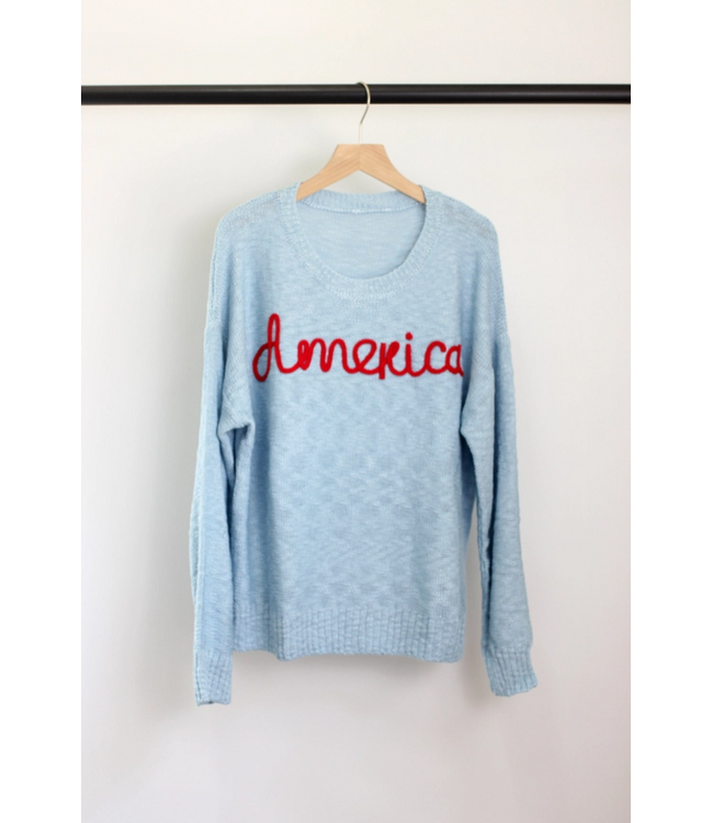 America Embroidered Crew Neck Blue