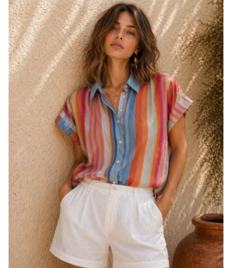 Tencel Blend Short-Sleeve Button-Up Shirt Multi