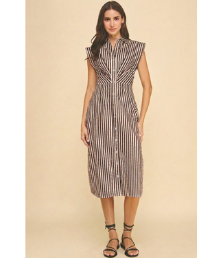 Striped Button Down Midi Dress Brown