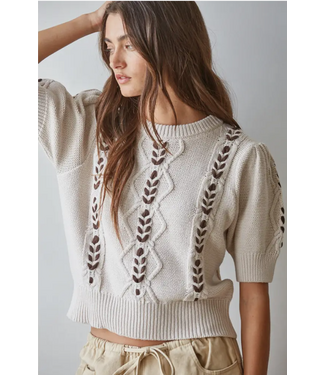 Knit Sweater Contrast Stitch Quarter Sleeve  Chocolate