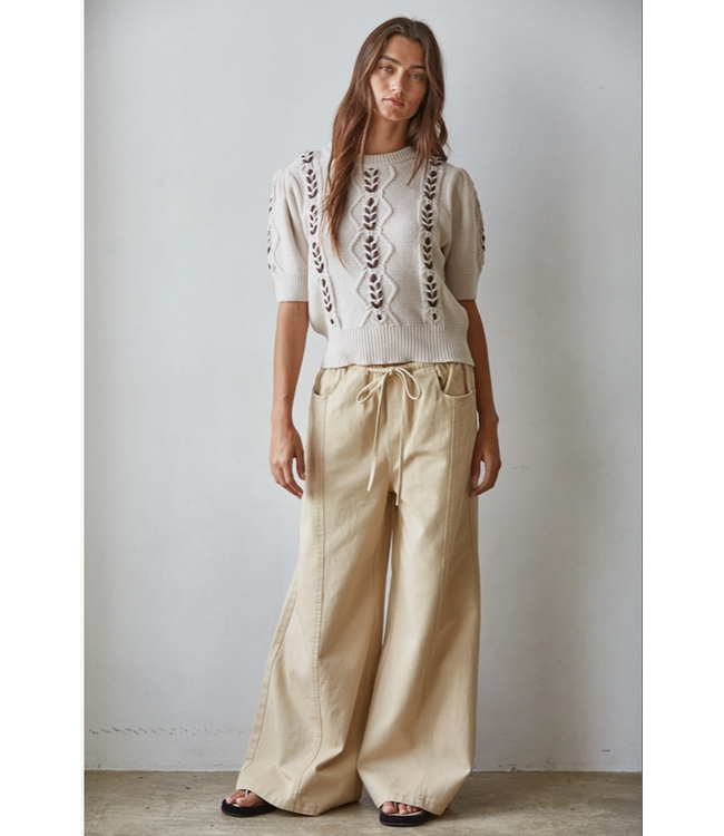 Knit Sweater Contrast Stitch Quarter Sleeve  Chocolate