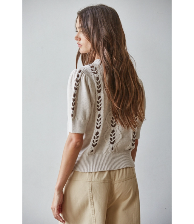 Knit Sweater Contrast Stitch Quarter Sleeve  Chocolate