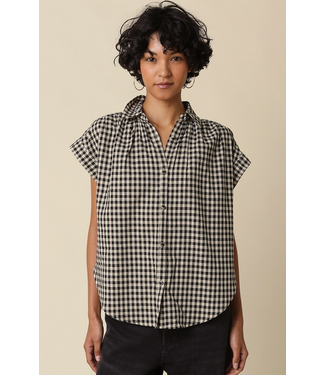 Sadie Gingham Button-Up Top Black Taupe