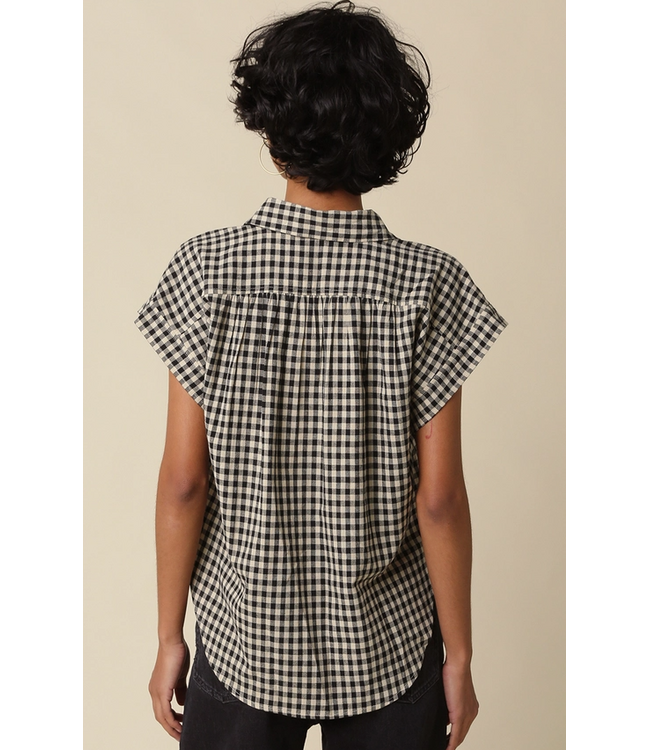 Sadie Gingham Button-Up Top Black Taupe