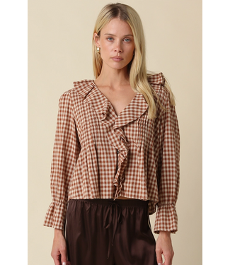 Hazel Gingham Ruffle Blouse Camel Taupe