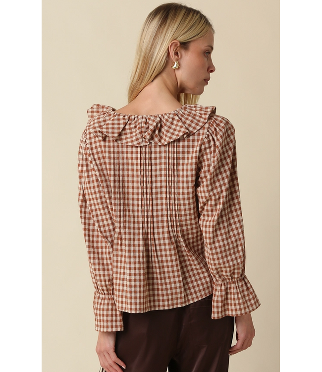 Hazel Gingham Ruffle Blouse Camel Taupe