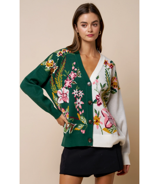 Floral Color Block V Neck Cardigan