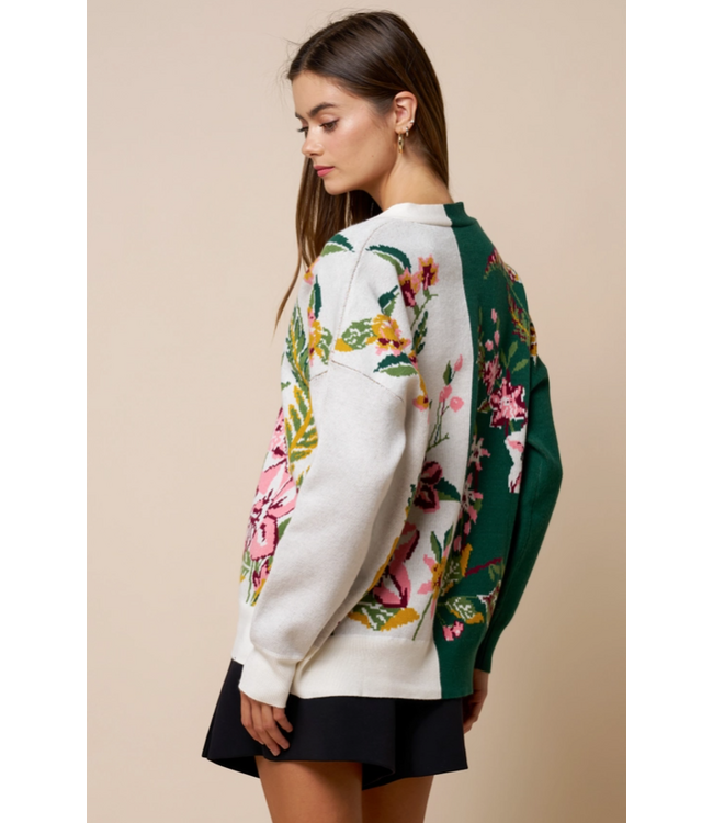 Floral Color Block V Neck Cardigan