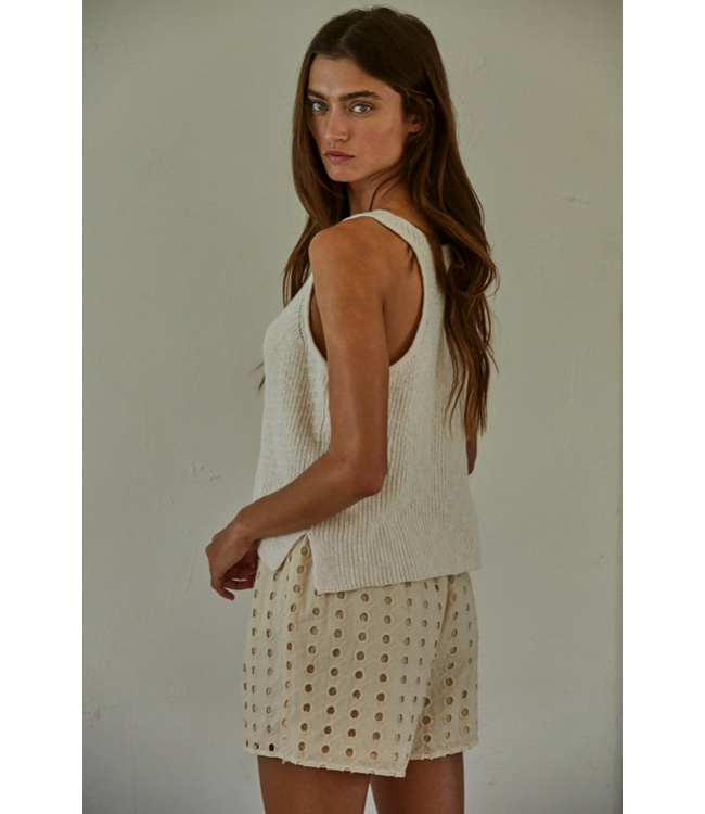 Knit Sweater Cotton V-Neck Sleeveless Tank Top Cream