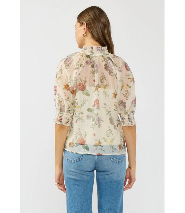 Puff Sleeve Smocked Neck Button Down Top