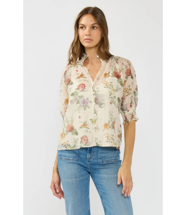 Puff Sleeve Smocked Neck Button Down Top