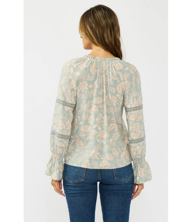 Long Sleeve Button Front Blouse w/ Lace Trim