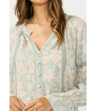 Long Sleeve Button Front Blouse w/ Lace Trim