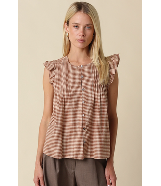 Clara Ruffle Sleeve Gingham Top Taupe