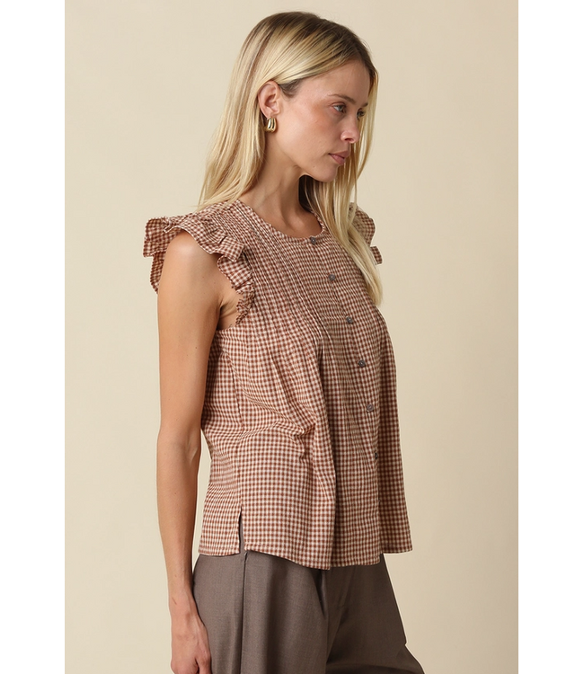Clara Ruffle Sleeve Gingham Top Taupe