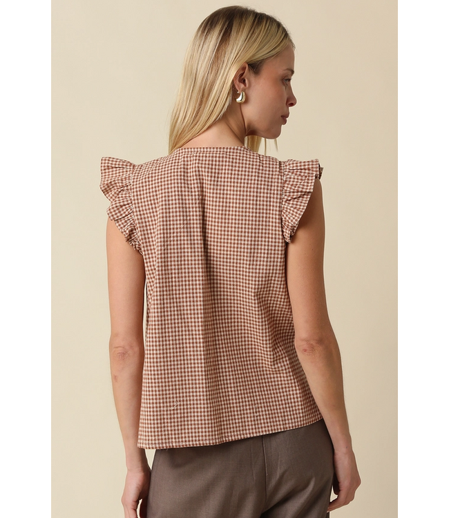 Clara Ruffle Sleeve Gingham Top Taupe