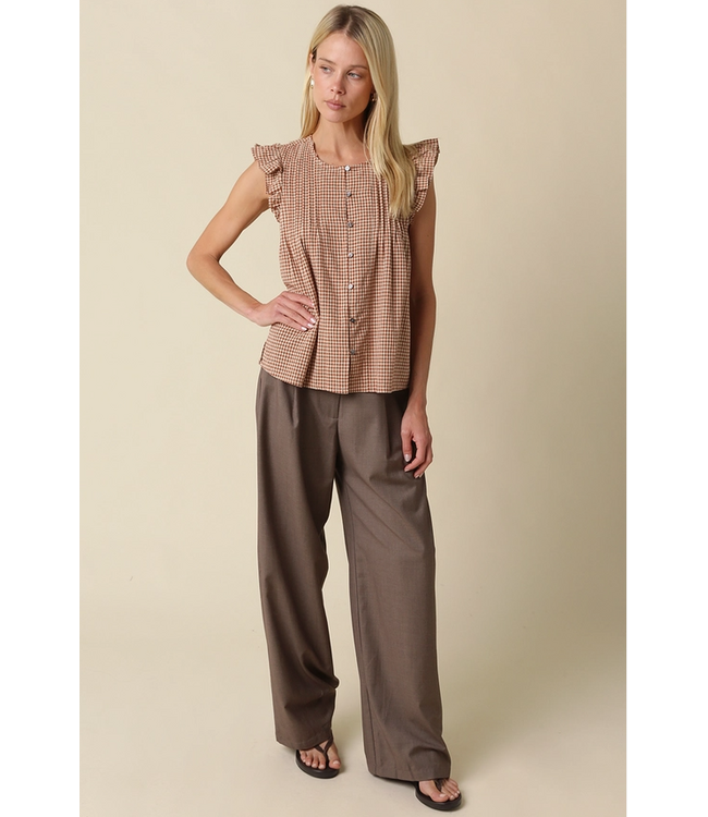 Clara Ruffle Sleeve Gingham Top Taupe