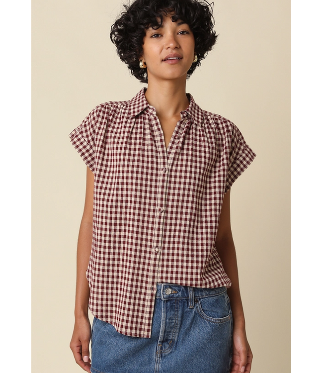 Sadie Gingham Button-Up Top Burgundy