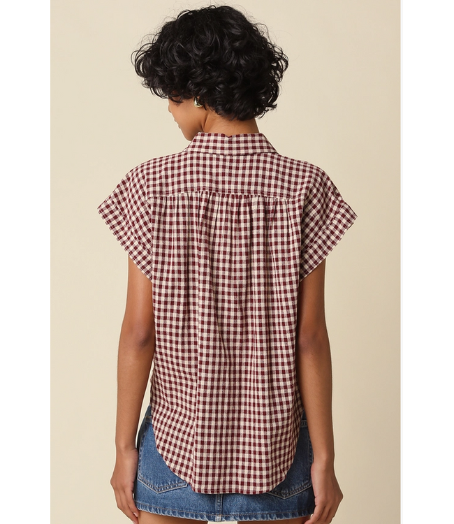 Sadie Gingham Button-Up Top Burgundy