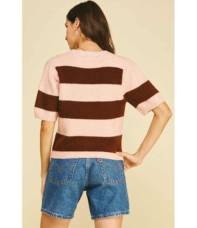 Color Block V-Neck Sweater Pink/Brown