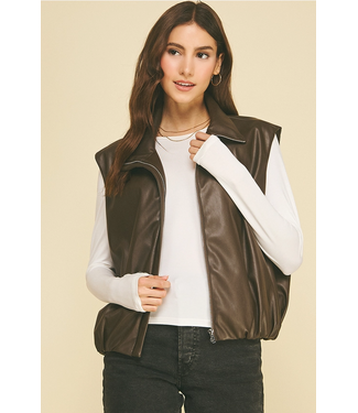 Faux-Leather Bubble Hem Zip Up Vest Brown