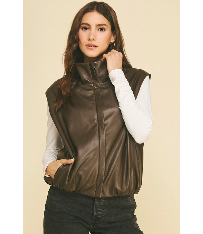 Faux-Leather Bubble Hem Zip Up Vest Brown