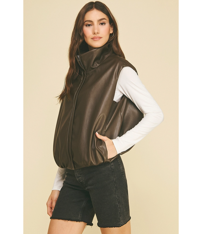 Faux-Leather Bubble Hem Zip Up Vest Brown