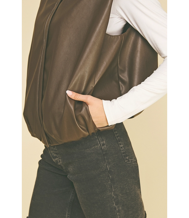 Faux-Leather Bubble Hem Zip Up Vest Brown