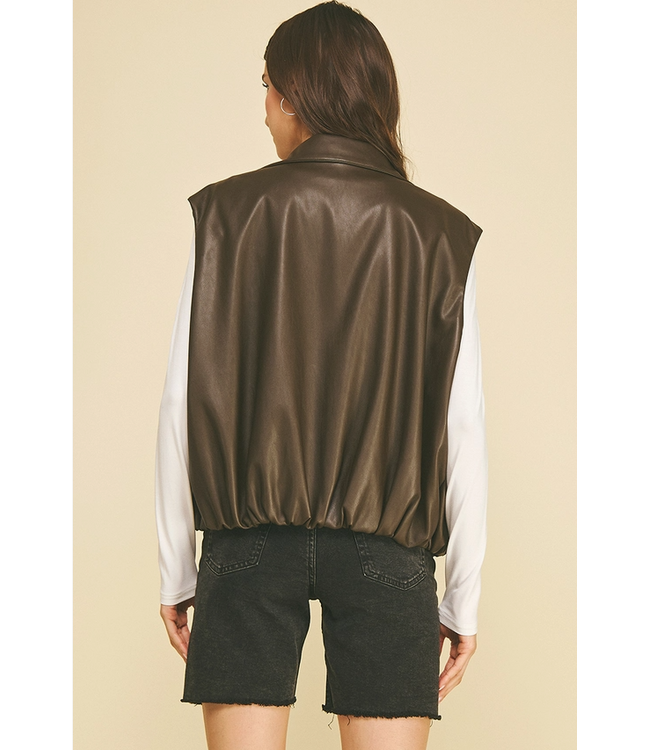 Faux-Leather Bubble Hem Zip Up Vest Brown